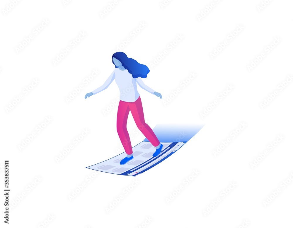 Web surfing on internet sites isometric concept. Connecting to online data warehouse search necessary sites viewing digital information smartphone interesting data vector board for web surfer.