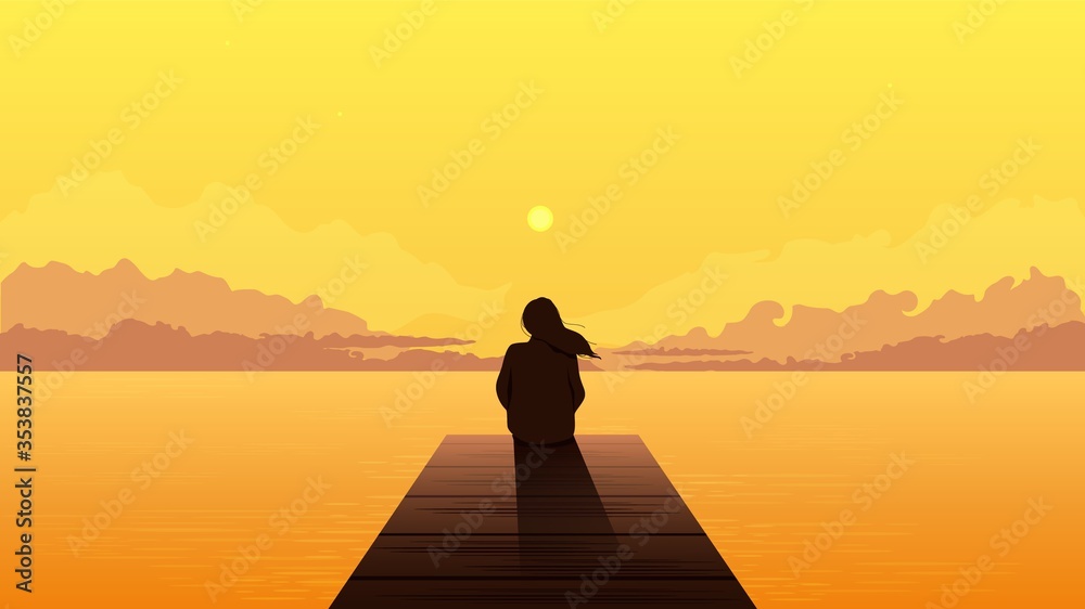 Lonely girl silhouette on sunset. Sad alone dreamy woman sitting looking at orange sunset among clouds on sea pier illustration person loneliness pensive vector depression.
