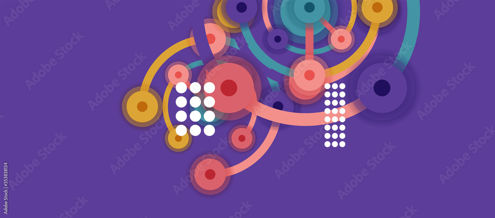 Flat style geometric abstract background, round dots or circle connections on color background. Technology network concept.