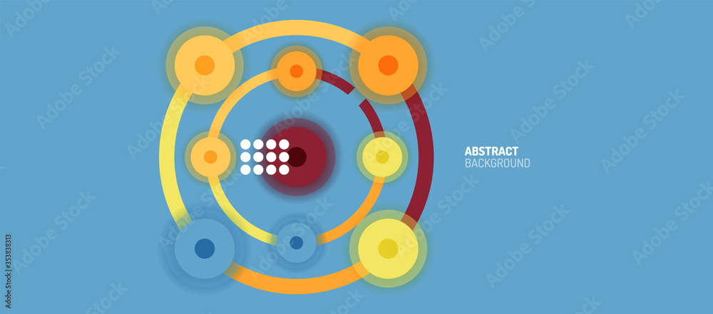 Flat style geometric abstract background, round dots or circle connections on color background. Technology network concept.