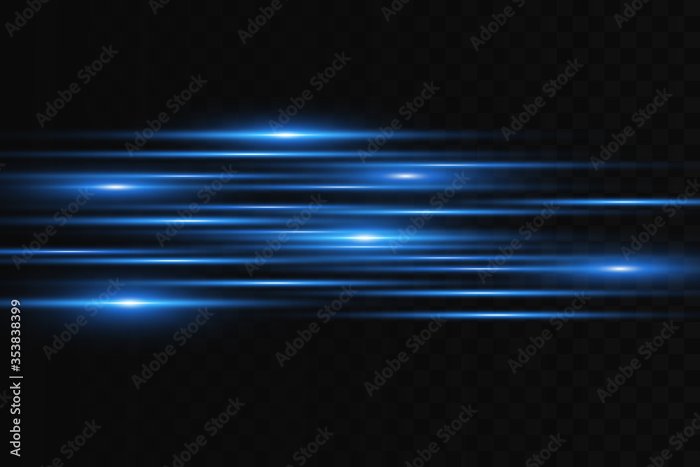 Horizontal flare. Laser horizontal beams, light beams. Bright stripes on a dark background.