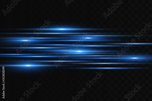 Horizontal flare. Laser horizontal beams, light beams. Bright stripes on a dark background.