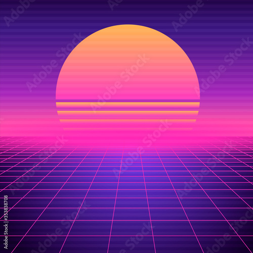 Retro futuristic background vaporwave. Neon geometric synthwave grid, light space with setting sun abstract cyberpunk design purple 80s disco fantastic vector graphic glow.