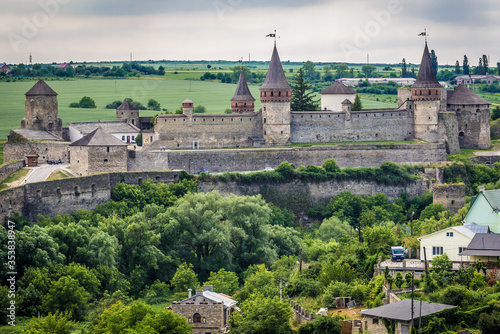 Aerial view with castle in historic part of Kamianets Podilskyi city, one of Seven Wonders of Ukraine