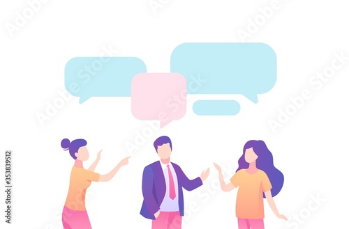 Businessman leads dialogue with family, speech bubble . Businessman discusses with his wife daughter talking about working on vector speech bubble, cartoon color style.