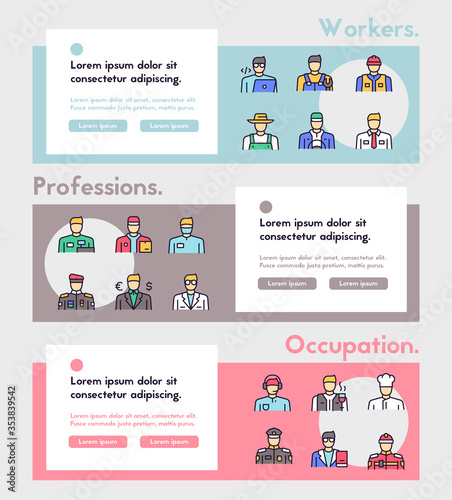 Vector color linear icon of workers men banner set