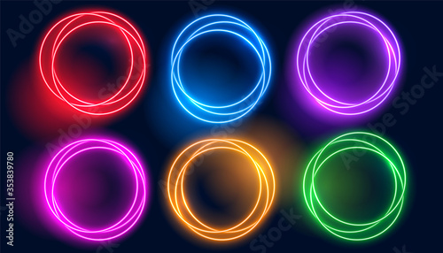 set of colorful neon circle glowing frames