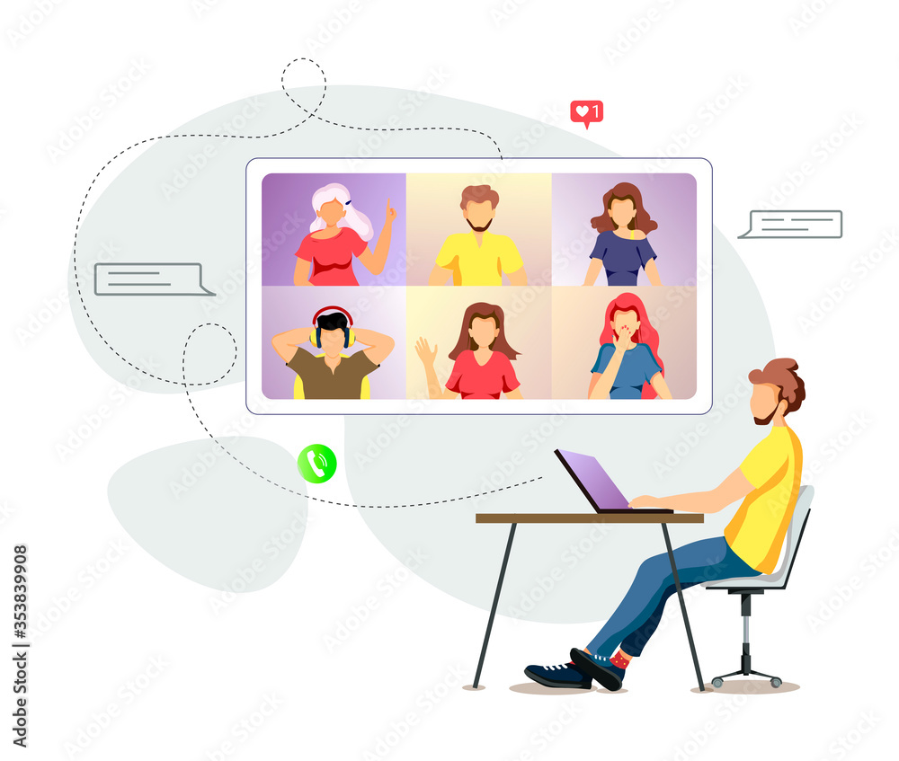 Website design for Video conferencing, Online meeting, Work at home, Distance learning, communication. Group of people talking by internet. Vector illustration for poster, banner, website, 