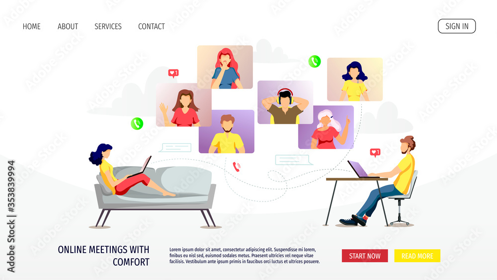 Website design for Video conferencing, Online meeting, Work at home, Distance learning, communication. Group of people talking by internet. Vector illustration for poster, banner, website, 