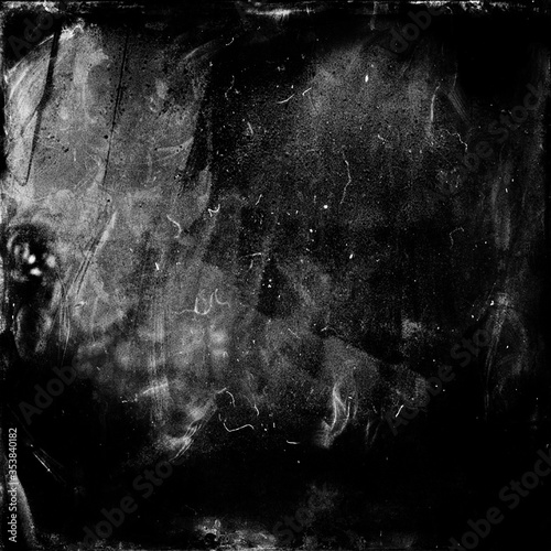 Black scratched grunge horror background, distressed texture, old film effect with frame