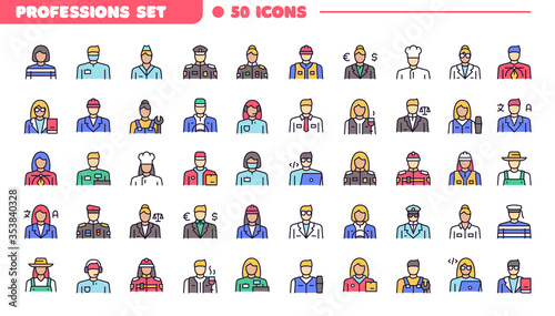 Vector color linear icon set of man, woman professions