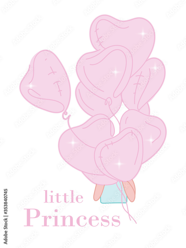Vector illustration of Little Princess text for girls clothes. Sweet girl with balloon in the shape of heart. Brilliant greeting card, poster, T-shirt. Inspirational quote. Feminine calligraphy.