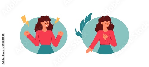 Girl during pms. Female mood swings with menstrual cramps spasms pain calm and bad mood, bad aggression after attack good mood cheerful, changes vector flat mood during female cycles.