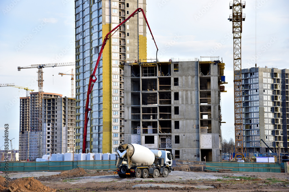 Heavy mixer concrete truck for to be loaded concrete at a construction ...