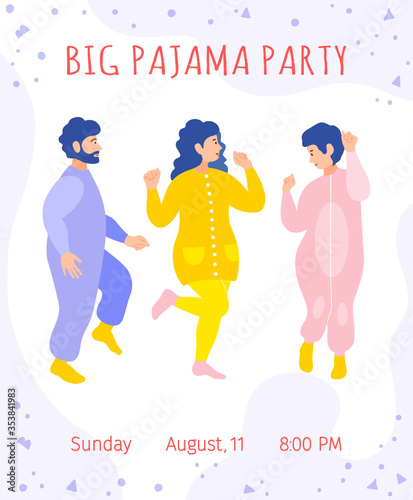 Invitation to a pajama party. Cute card with dancing fun friends, the inscription, time and date. Colorful template with women and man in pajamas. Vector illustration in flat style.