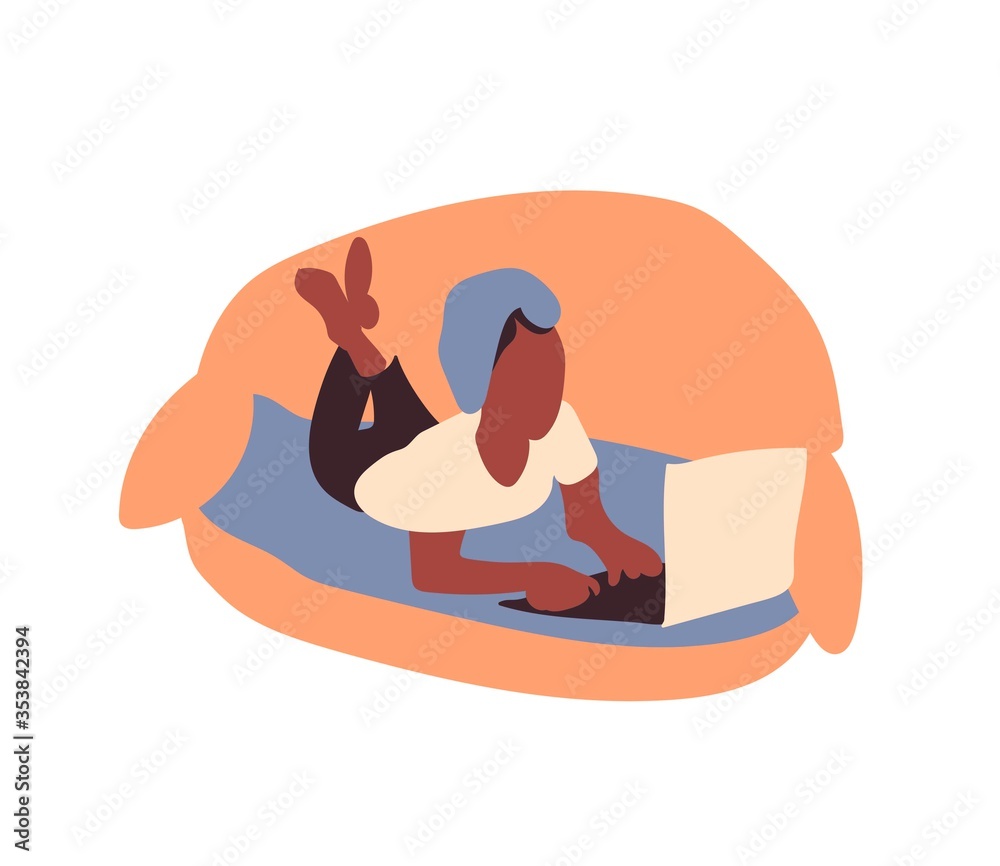 Vector freelance girl at computer stay home.An illustration of person studying lessons in a house in black and blue shades flat. Design for banner,web,social networks,packaging. Vector freelance girl at computer stay home.An illustration of person studying lessons in a house in black and blue shades flat. Design for banner,web,social networks,packaging.