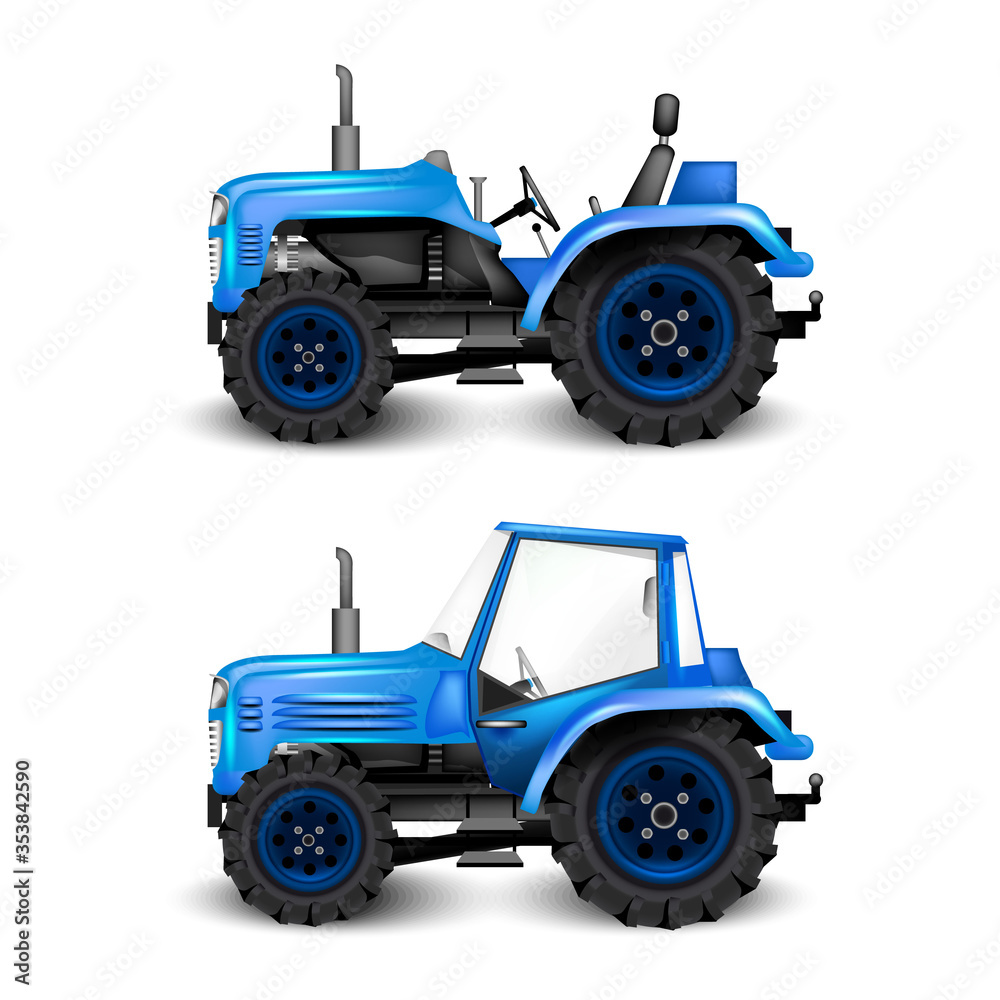 blue tractor on white background. Agricultural transport for GARDENS blue tractor on white background. Agricultural transport for GARDENS