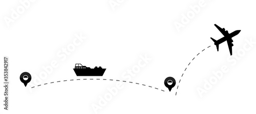 Path flight travel plane and ship transport symbol, airplane fly aircraft travelling symbol vector illustration