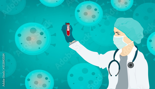 girl doctor virologist holds test tube with blood test for coronovirus pandemic in her hands