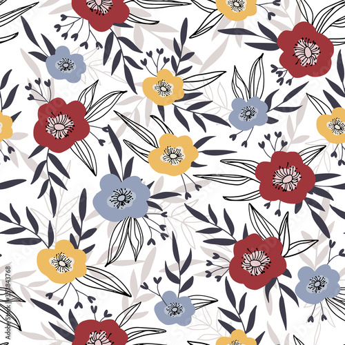 Seamless floral pattern. Fabric design with simple flowers. Vector cute repeated pattern for fabric, wallpaper or wrap paper