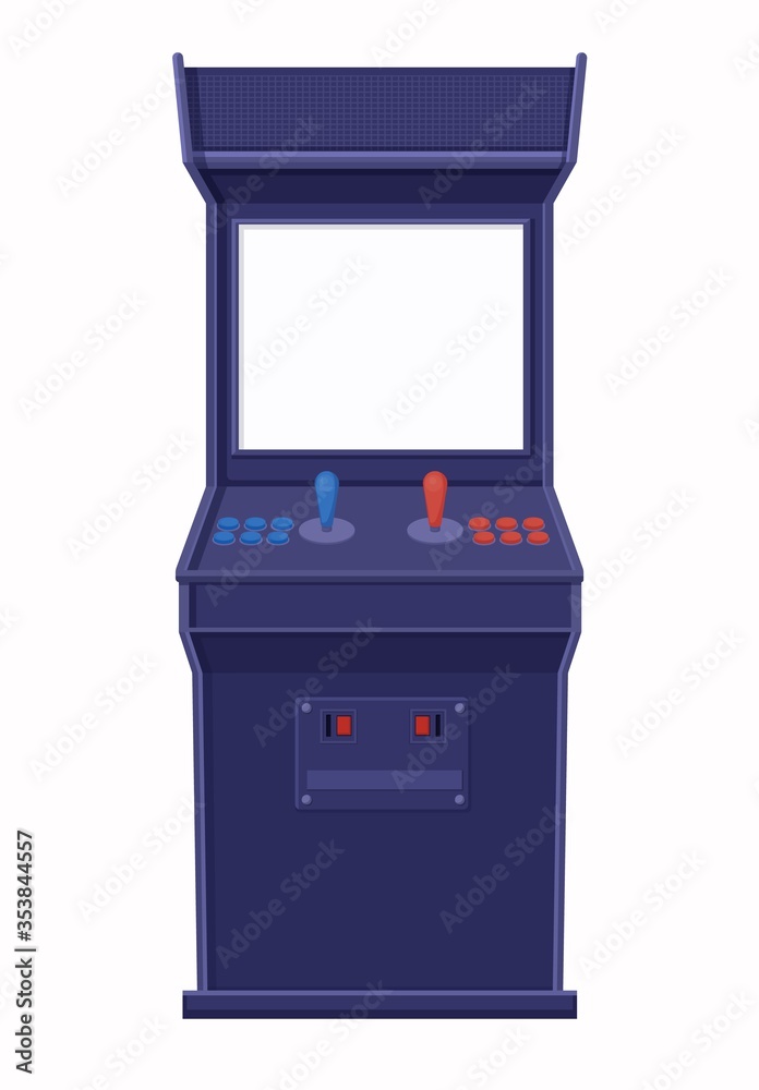 Arcade game machine template. Retro blue console with blank screen template two joysticks control buttons and panel for tokens, computer vector old school nostalgia. Arcade game machine template. Retro blue console with blank screen template two joysticks control buttons and panel for tokens, computer vector old school nostalgia.