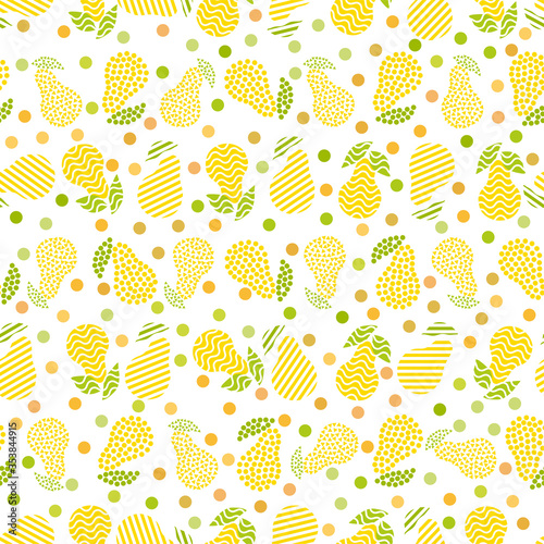 Trendy seamless pattern with yellow pears for decorative design. Abstract pears for cover design. Vector illustration. Tropical nature seamless pattern. Cute tropical background. © julimur