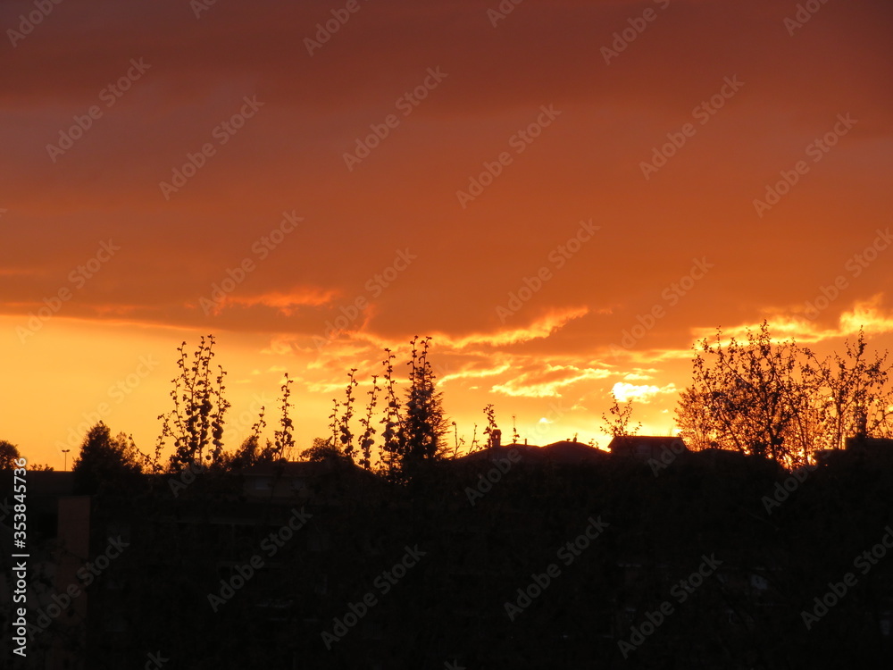 Fototapeta premium Sunset Clouds red sun reflection effect dawn