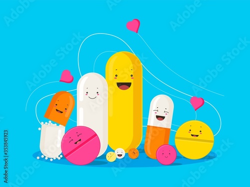 Funny healing pills. Smiling cartoon pills and capsules with hearts laughing painkillers antibiotics funny coronovirus treatment color vector health.