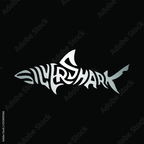 stylized word in shape of silver shark, Design element for logo, poster, card, banner, emblem, t shirt. Vector illustration