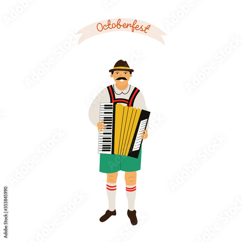 The musician of Oktoberfest, the world's largest beer festival, opens the parade of musicians in historical costumes, playing the accordion of musical groups.