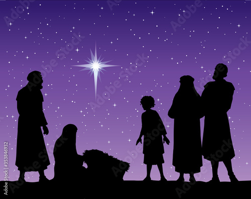 The shepherds came to bow to the newborn baby Jesus. Vector drawing