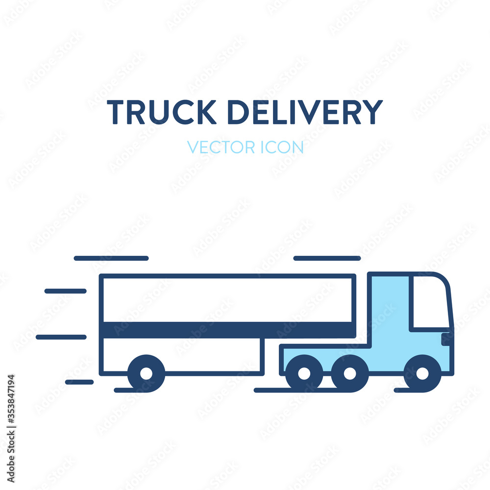 Delivery truck icon. Vector illustration of a moving freight car. Loaded truck icon. Represents a concept of large cargo delivery. Can be used as a logo, icon or label