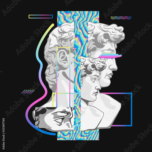 Postmodernism bust David. Antique neoplasticism masterpiece sculpture David by Michelangelo decorated in color modern style bright graphic surreal vector art renaissance classic .