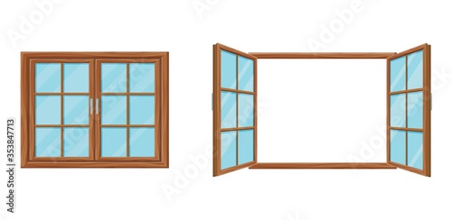 Wooden window template closed and open. Modern wooden mesh window two folding doors beautiful glass architectural element fresh air every day protection from vector bright cartoony sunlight.