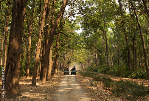 Photography JIM CORBETT, INDIA-May 11: Tourists on a Safari jeeps waiting for the sighting o