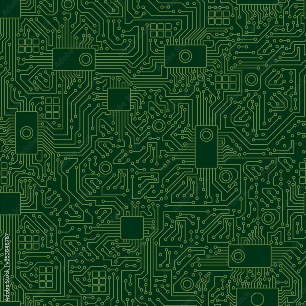 Computer board chip green pattern. Modern motherboard with seamless green pattern abstract conductive vector lines processor chip video card digital graphic engineering computer equipment.