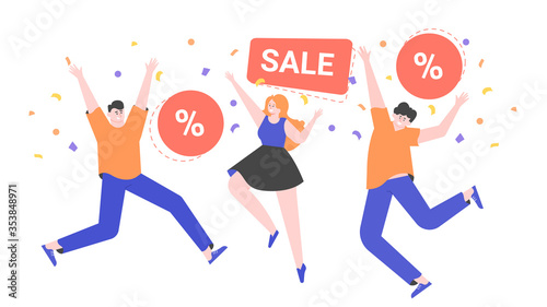 Happy people are jumping. Discounts and sales. Favorable shopping. Advertising promo. Vector flat illustration.
