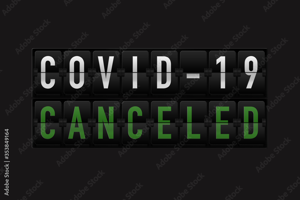 Split-flap display with covid-19 cancelled. 3D illustration.