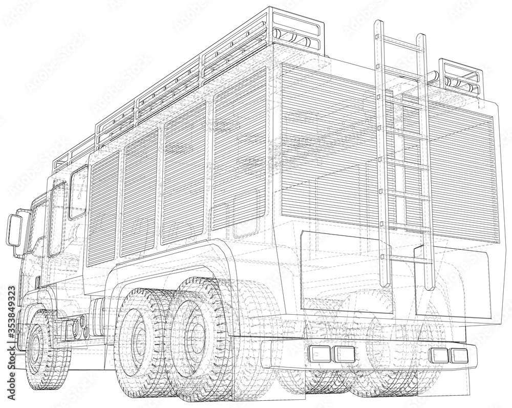 Fire Engine illustration vector. Fire truck Wire-frame line isolated. Vector rendering of 3d.