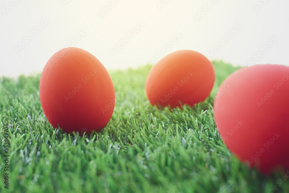 red easter egg on lawn green grass artificial with blank white background red easter egg on lawn green grass artificial with blank white background