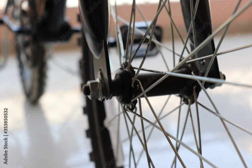 Fototapeta premium Cycle Wheel Spikes with pedal in the background
