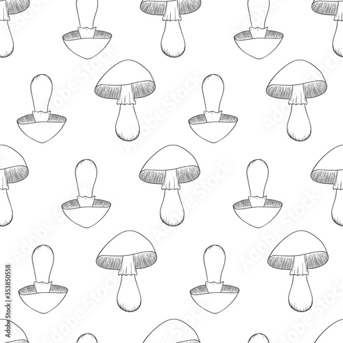 Seamless pattern with hand-drawn mushrooms isolated on white background. Vector illustration