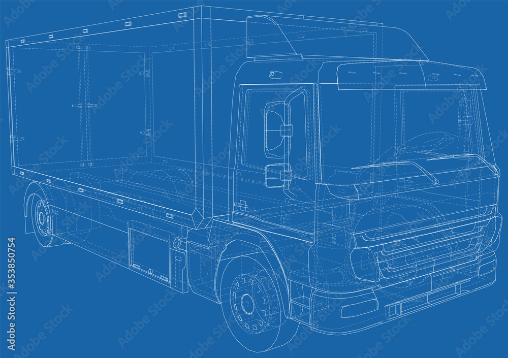 Vector Wire-frame isolated Commercial van truck on background. Vector rendering of 3d.