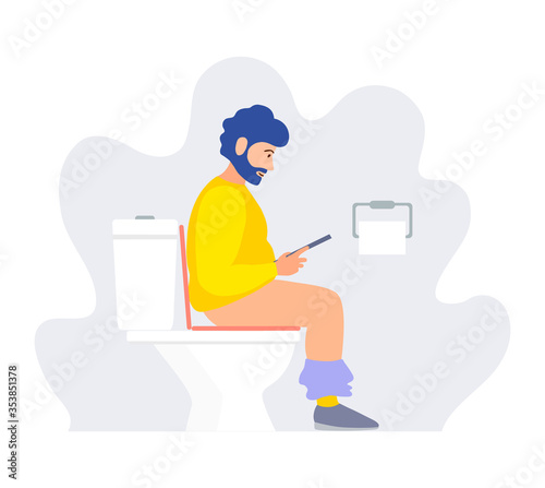 Fototapeta Naklejka Na Ścianę i Meble -  A man sits on the toilet and reads. Vector illustration in a flat style. A person in the toilet on the potty side view. Cartoon character.