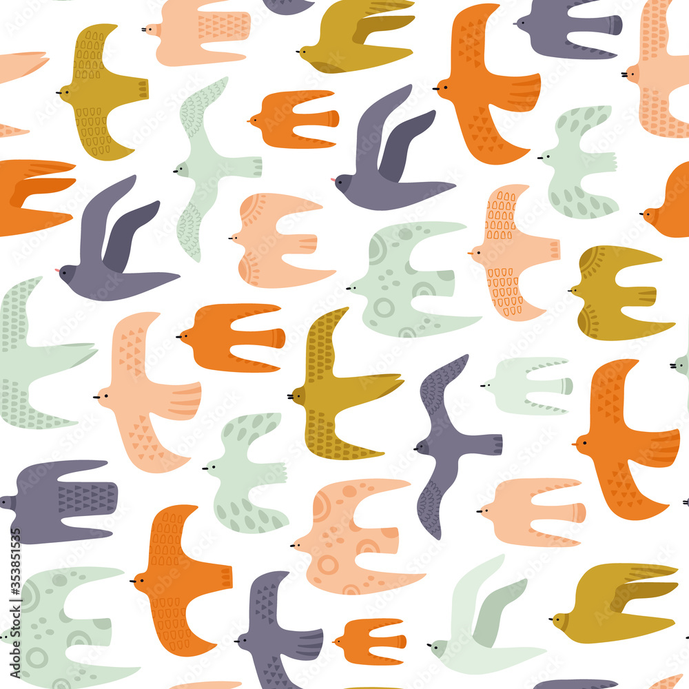 Cute multicolored seamless pattern with flying birds. Hand-drawn vector backdrop. Cartoon style for textile, wrapping paper, background flat design.
