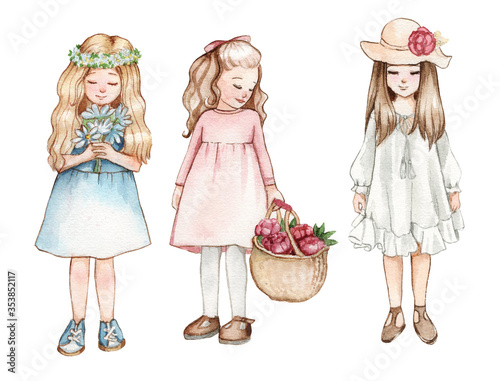 set of three drawings of little girls