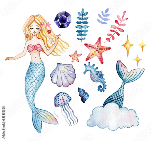 Set of cute mermaid and aquatic nature. Cute sea objects collection. Mermaid, seashells, jellyfish and starfish. Watercolor illustration