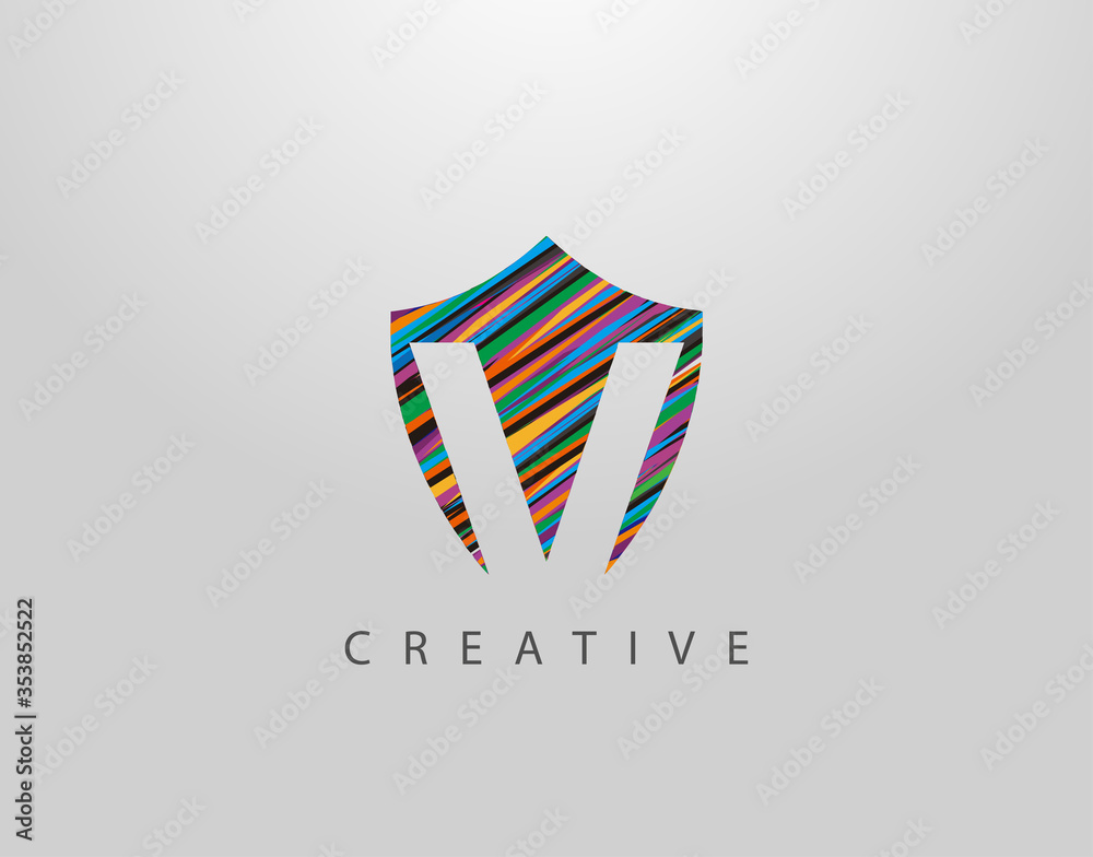 Shield V Letter Logo. Modern Abstract Geometric Design, made of various colorful strips shapes Shield V Letter Logo. Modern Abstract Geometric Design, made of various colorful strips shapes