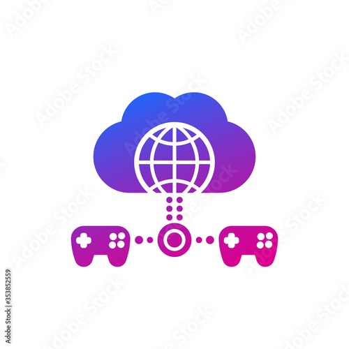 Cloud gaming icon with game controllers on white