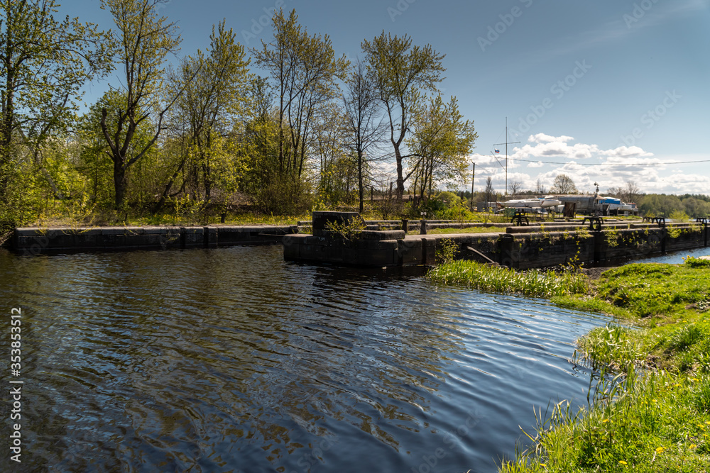 View of the Peter's locks and the historic old Ladoga canal for the construction of merchant ships in the city of New Ladoga.